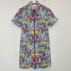 Blue Platypus Shirt Dress Women's XS Colorful Vibrant Full Zip Mushroom Floral